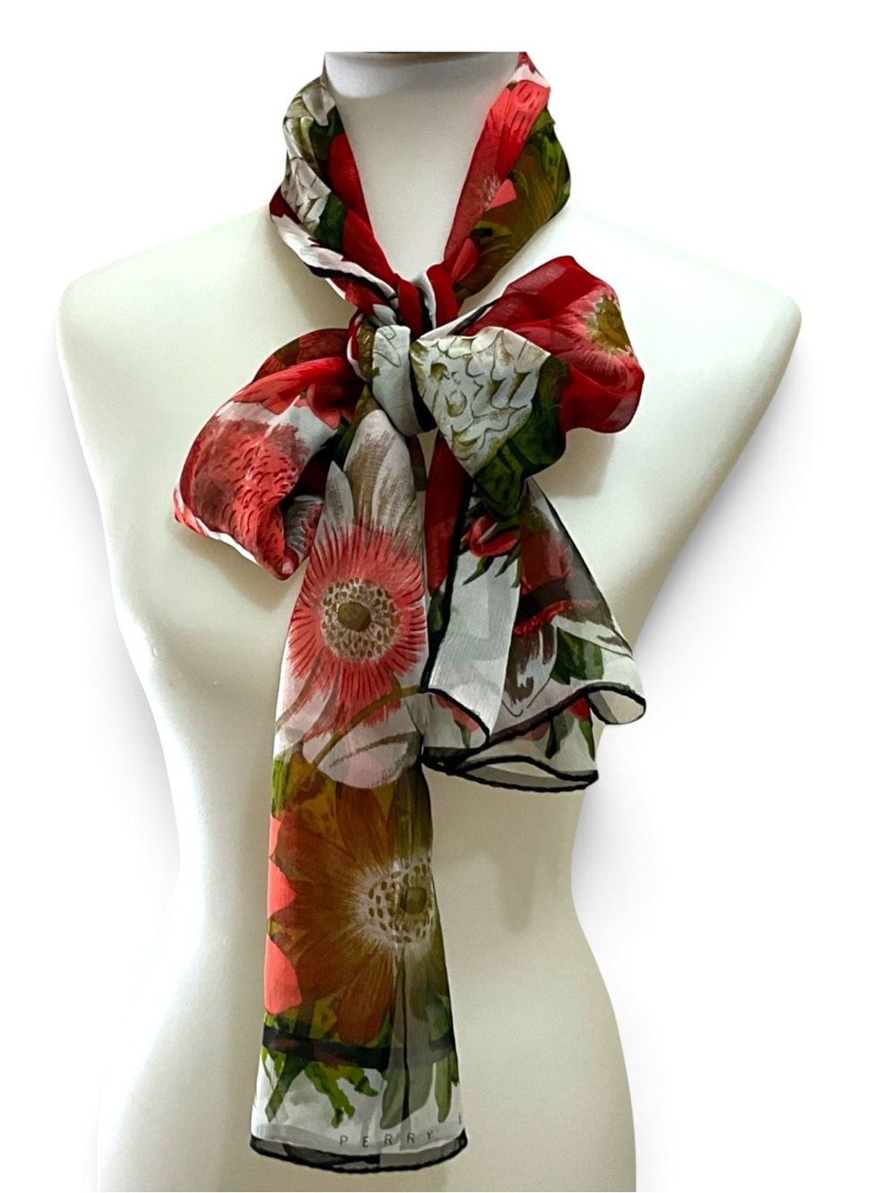 Vintage Perry Ellis Floral Sheer Long Scarf 71” Botanical Red Green